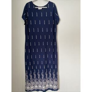 Vintage NY-5 Sheer Slinky Maxi Travel Dress Women's Sz 2X Beachy Floral Blue Y2K